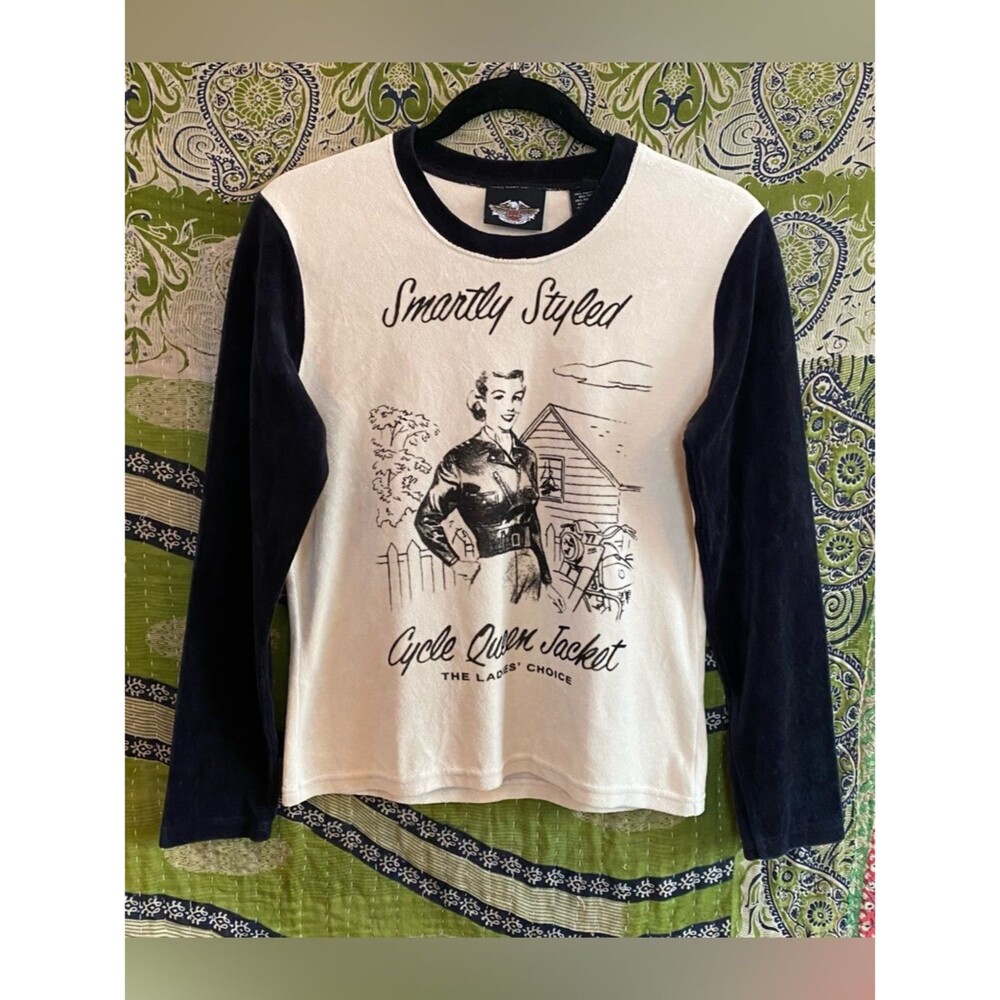 Vintage Y2K Harley-Davidson Cream/ Black Velour Printed Pullover Size Medium